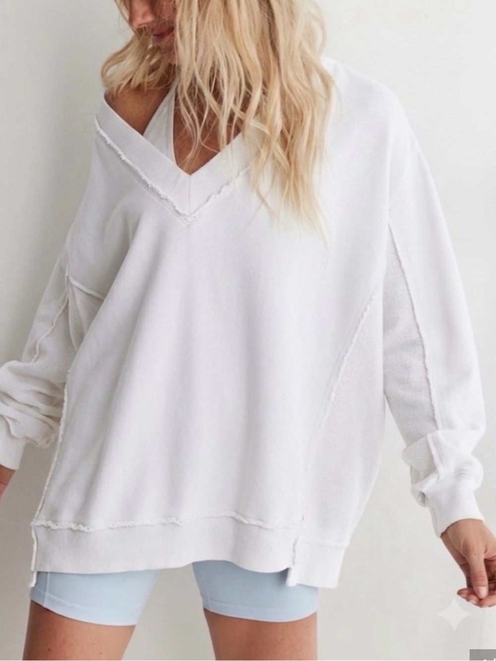aerie White V-Neck Oversized Pullover Sweater